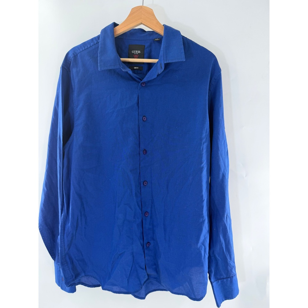 Guess Slim Fit Royal Blue Long Sleeve Button Down Shirt Mens XL Textured Logo